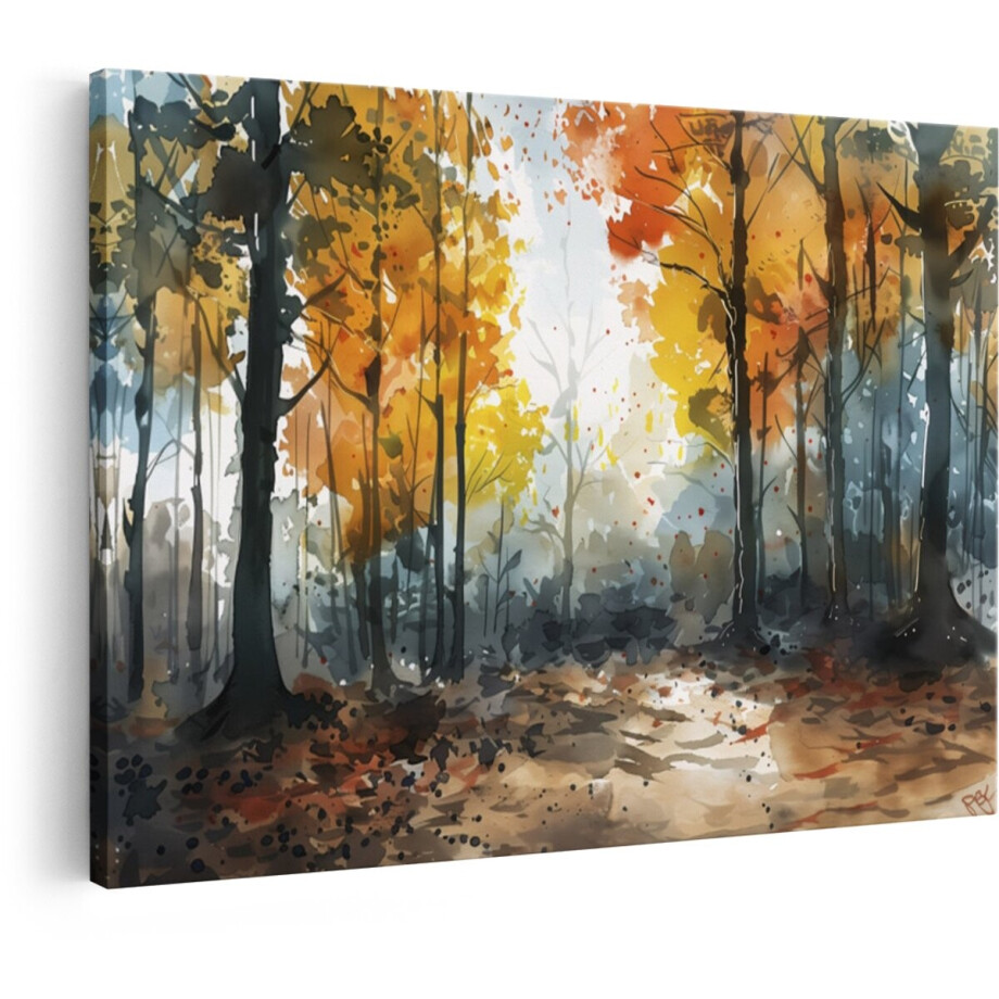 Artaza Canvas Schilderij Bos - 30x20 cm - Wanddecoratie Waterverf Herfst - Muurdecoratie Natuur - Kamer Accessoires Woonkamer afbeelding 1