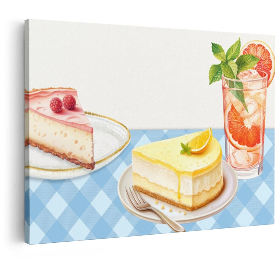 Artaza Canvas Schilderij Twee Heerlijke Taartjes en een Verfrissend Drankje op een Blauw Geruite Tafel - 120x80 cm - Groot - Wanddecoratie Woonkamer - Schilderijen - Muurdecoratie afbeelding 1