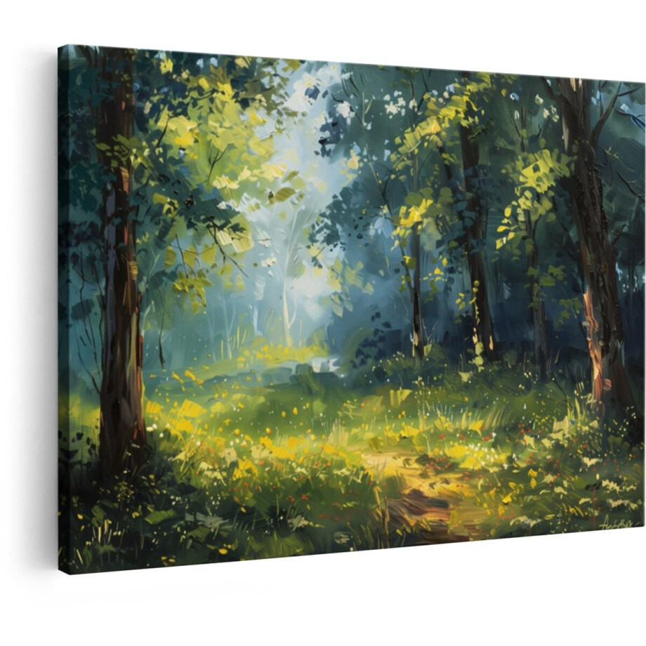 Artaza Canvas Schilderij Schilderachtig Bos met Zonlicht dat door de Bladeren Valt op een Bloemrijk Pad - 120x80 cm - Groot - Wanddecoratie Woonkamer - Schilderijen - Muurdecoratie afbeelding 1