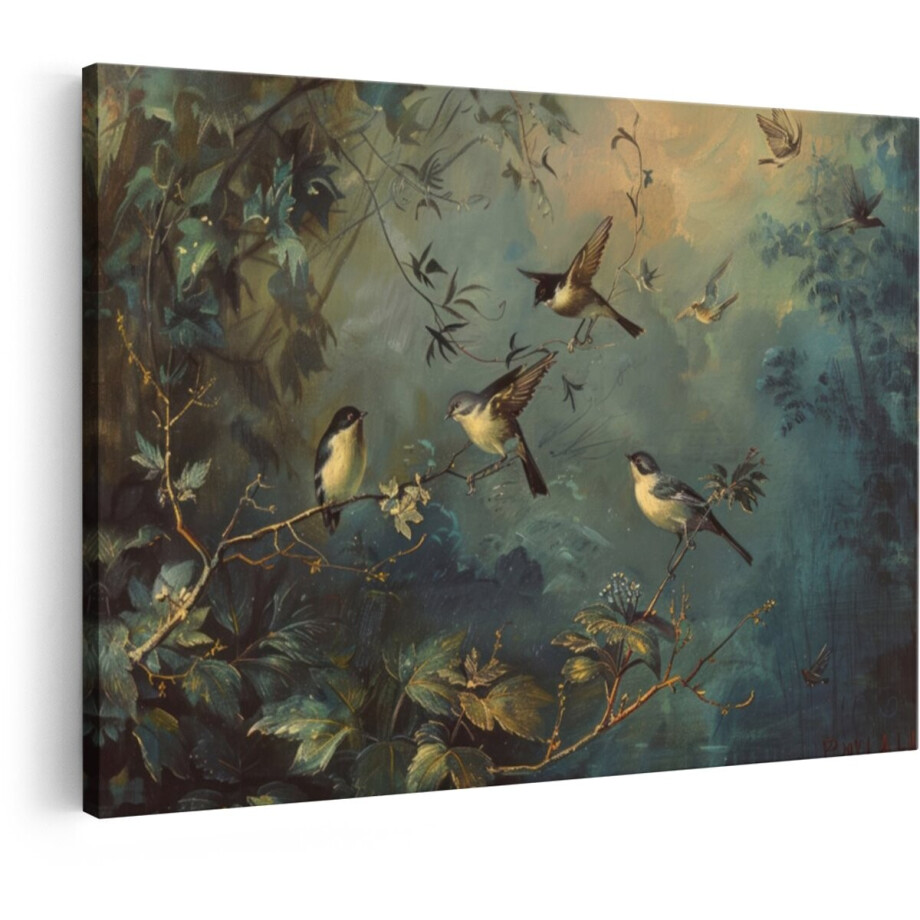 Artaza Canvas Schilderij Schilderij van een Groep Kleine Vogels Die in een Weelderige - Groene Bosrijke Omgeving Vliegen en Rusten - 120x80 cm - Groot - Wanddecoratie Woonkamer - Schilderijen - Muurdecoratie afbeelding 1