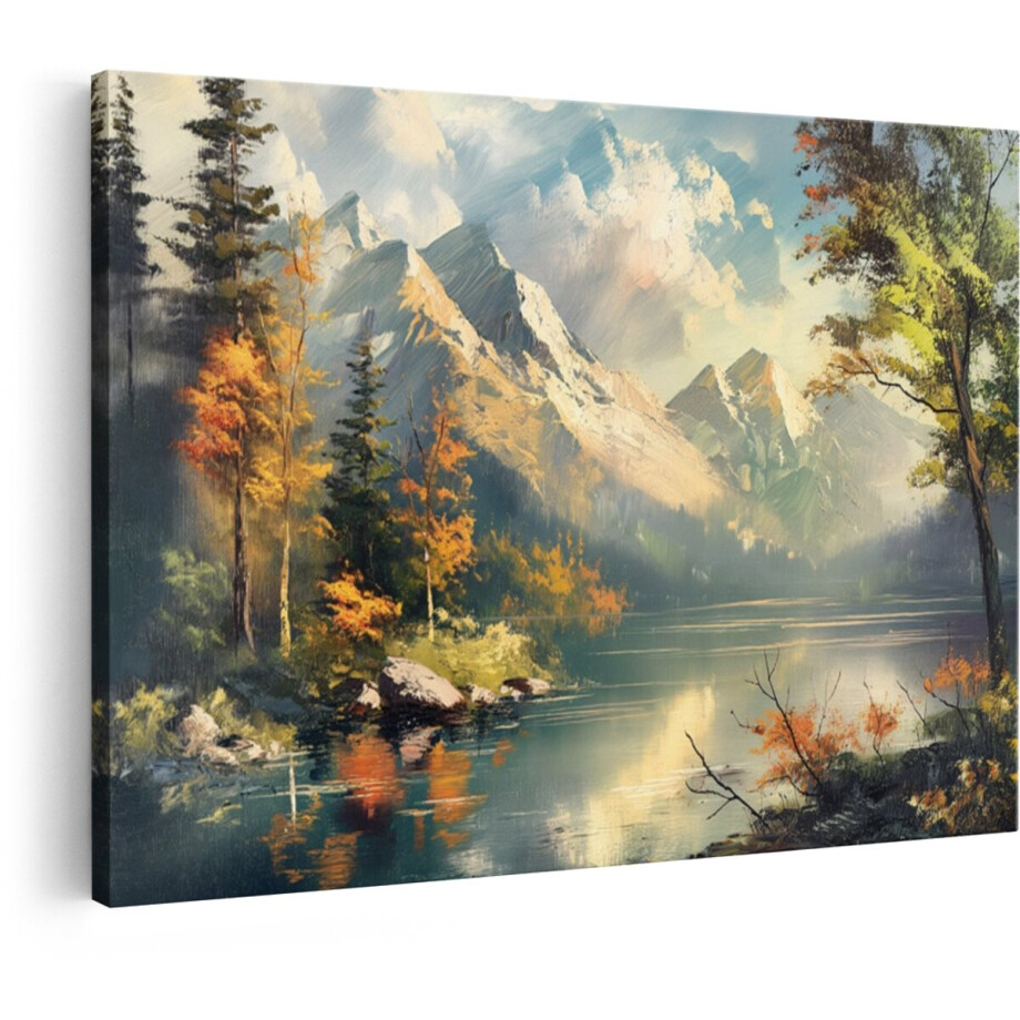 Artaza Canvas Schilderij Berglandschap - 90x60 cm - Wanddecoratie Meer - Muurdecoratie Natuur Olieverf - Decoratie Herfst Bos Woonkamer afbeelding 1