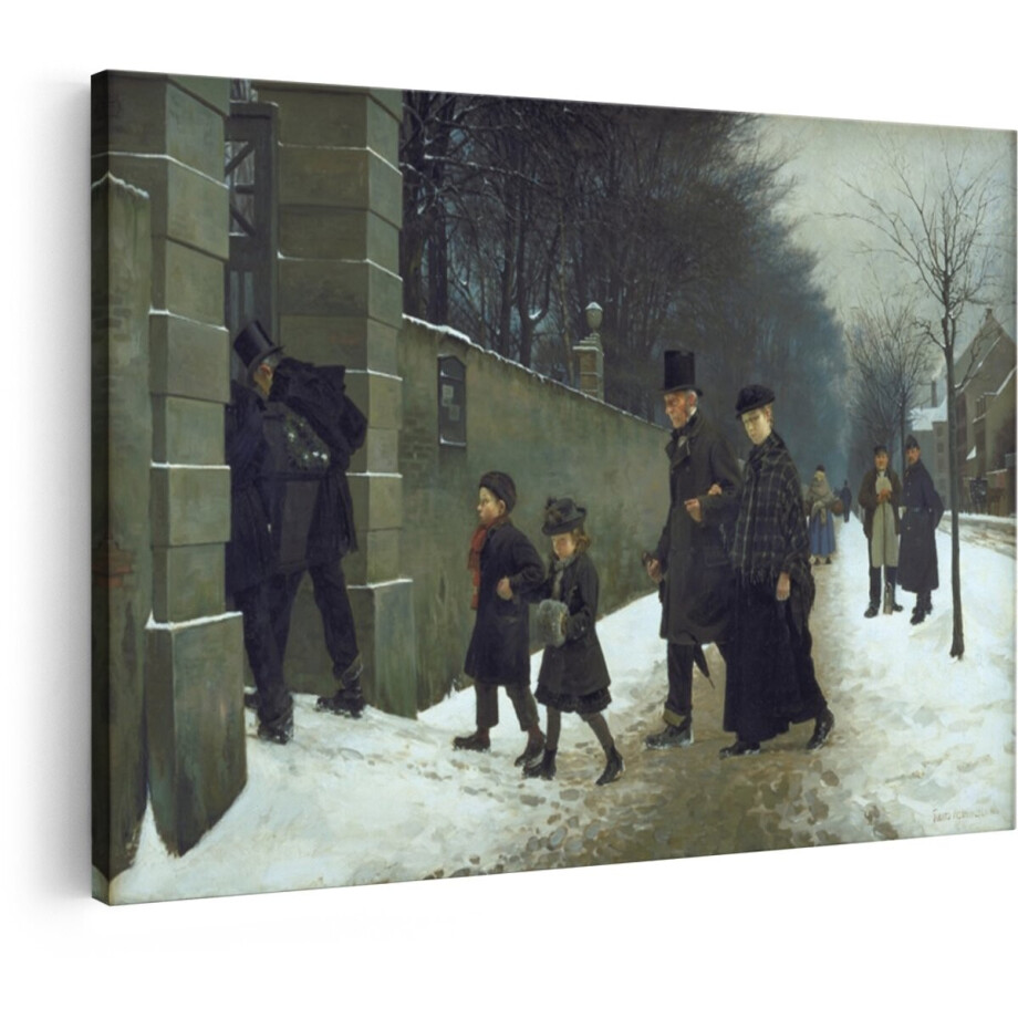 Artaza Canvas Schilderij Een Gezin Wandelt door een Besneeuwde Straat in de 19E Eeuw - Gekleed in Winterkleding - 120x80 cm - Groot - Wanddecoratie Woonkamer - Schilderijen - Muurdecoratie afbeelding 1