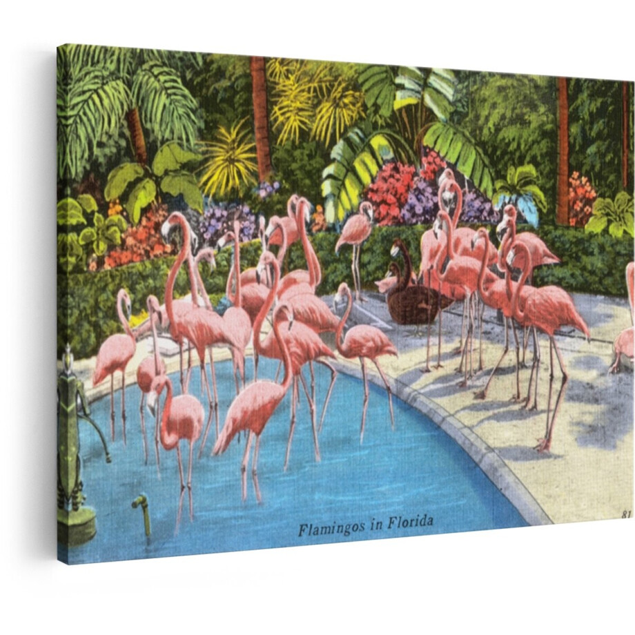 Artaza Canvas Schilderij Vrolijke Flamingo'S Genieten van een Zonnige Dag in een Weelderige Tropische Omgeving - 120x80 cm - Groot - Wanddecoratie Woonkamer - Schilderijen - Muurdecoratie afbeelding 1