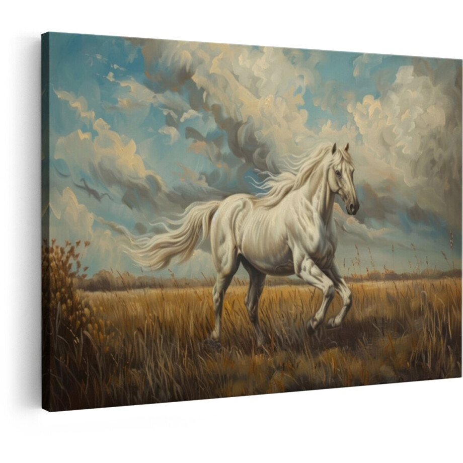 Artaza Canvas Schilderij Paard - 120x80 cm - Wanddecoratie Wit Paard - Muurdecoratie Dieren - Decoratie Landschap Natuur - Schilderijen Op Canvas afbeelding 1