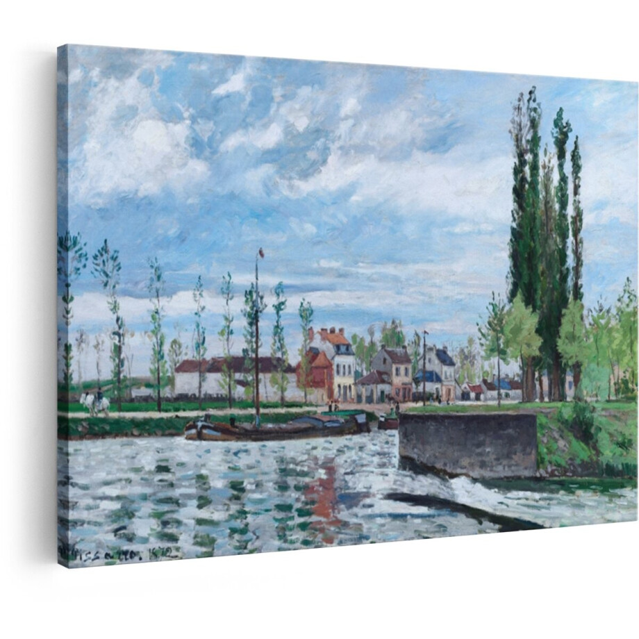 Artaza Canvas Schilderij Impressionistisch Schilderij van een Boot op een Kanaal met Huizen en Bomen - 90x60 cm - Wanddecoratie Woonkamer - Schilderijen - Muurdecoratie afbeelding 1