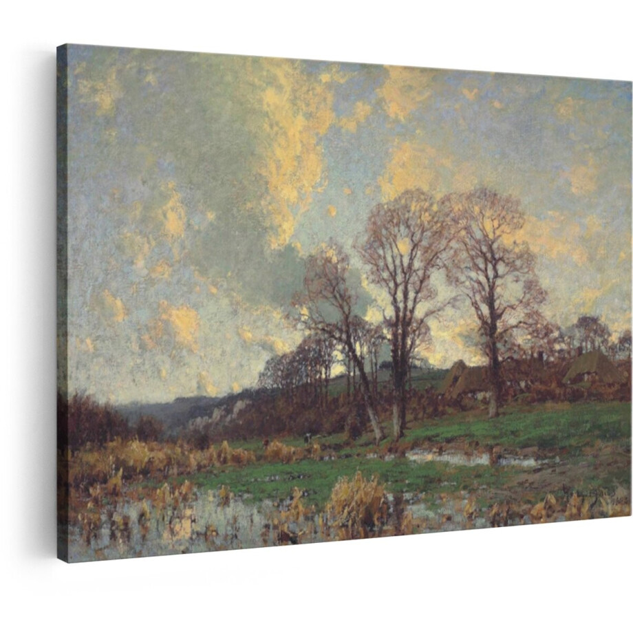 Artaza Canvas Schilderij Schilderachtig Landschap met Bomen en Rieten Daken bij Zonsondergang - 90x60 cm - Wanddecoratie Woonkamer - Schilderijen - Muurdecoratie afbeelding 1