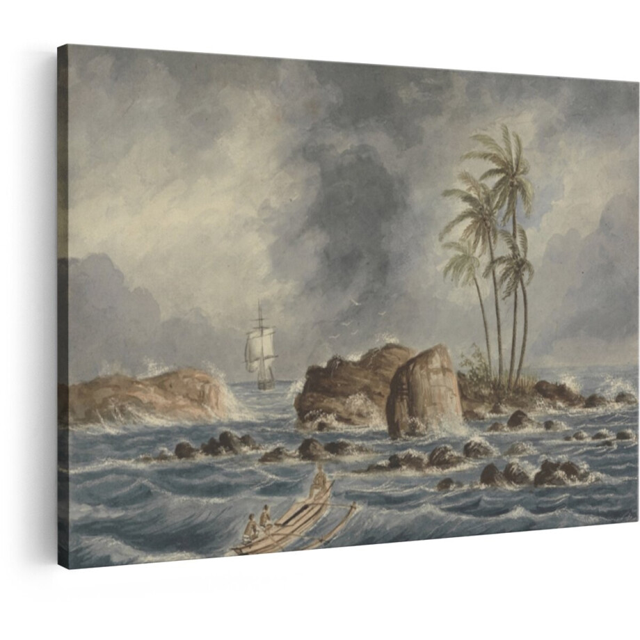 Artaza Canvas Schilderij Zeilend Schip Nadert Tropisch Eiland met Kano en Ruige Zee - 60x40 cm - Wanddecoratie Woonkamer - Schilderijen - Muurdecoratie afbeelding 1