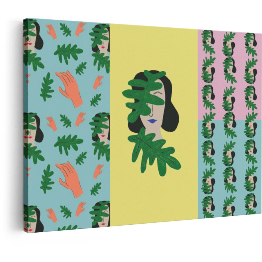 Artaza Canvas Schilderij Vrouw met Bladeren voor Gezicht - Omringd door Patronen van Handen en Planten - 120x80 cm - Groot - Wanddecoratie Woonkamer - Schilderijen - Muurdecoratie afbeelding 1