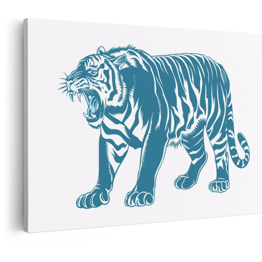 Artaza Canvas Schilderij Grote Blauwe Tijger met Open Bek - Krachtige Uitstraling en Gestreepte Vacht - 120x80 cm - Groot - Wanddecoratie Woonkamer - Schilderijen - Muurdecoratie afbeelding 1