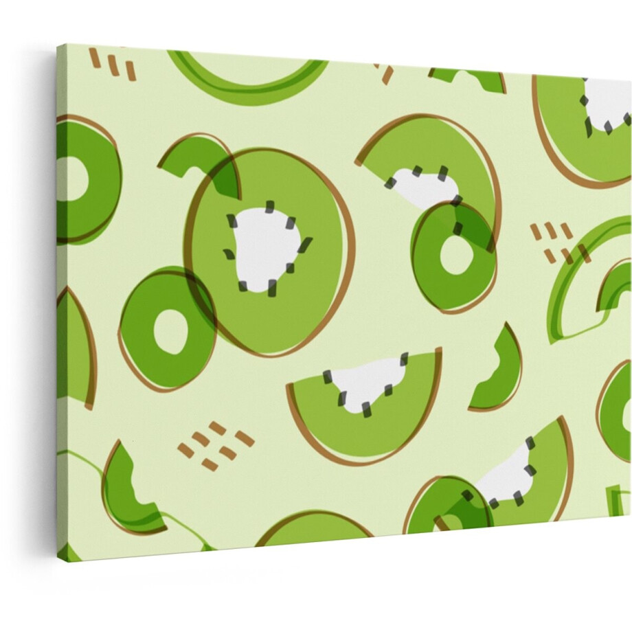 Artaza Canvas Schilderij Vrolijk Kiwi Patroon met Gestileerde Fruit Plakjes en Bruine Spikkels - 30x20 cm - Klein - Wanddecoratie Woonkamer - Schilderijen - Muurdecoratie afbeelding 1