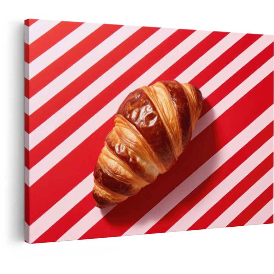 Artaza Canvas Schilderij Croissant - 60x40 cm - Wanddecoratie Keuken - Muurdecoratie Foodfotografie - Decoratie Rood Wit Gestreept afbeelding 1