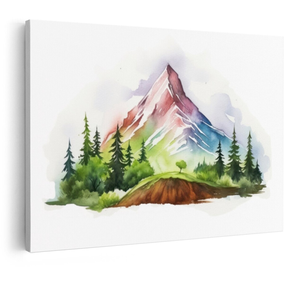 Artaza Canvas Schilderij Kleurrijke Berglandschap met Bomen en Heuvels in Aquarel - 60x40 cm - Wanddecoratie Woonkamer - Schilderijen - Muurdecoratie afbeelding 1