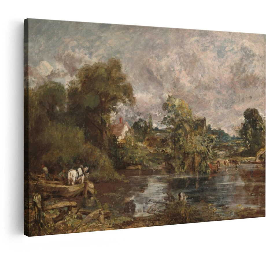 Artaza Canvas Schilderij Schilderachtig Landschap met Paarden en een Huisje aan de Rivier - 120x80 cm - Groot - Wanddecoratie Woonkamer - Schilderijen - Muurdecoratie afbeelding 1
