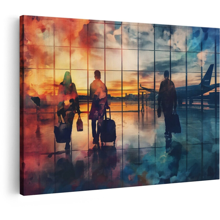 Artaza Canvas Schilderij Luchthaven - 120x80 cm - Wanddecoratie Zonsondergang - Muurdecoratie Vliegtuig - Decoratie Reizigers Silhouet afbeelding 1