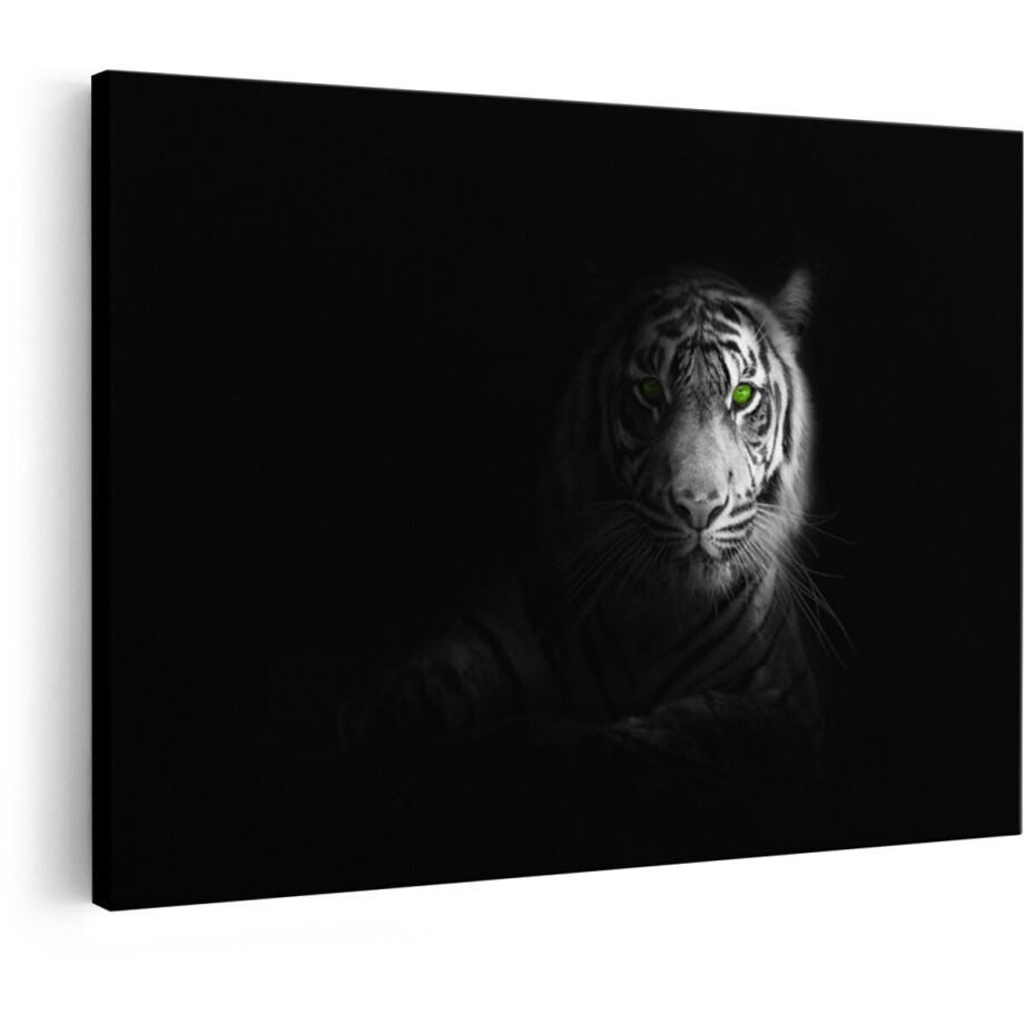 Artaza Canvas Schilderij Tijger - 90x60 cm - Wanddecoratie Zwart Wit - Muurdecoratie Dieren - Decoratie Groene Ogen - Schilderijen Op Canvas afbeelding 1