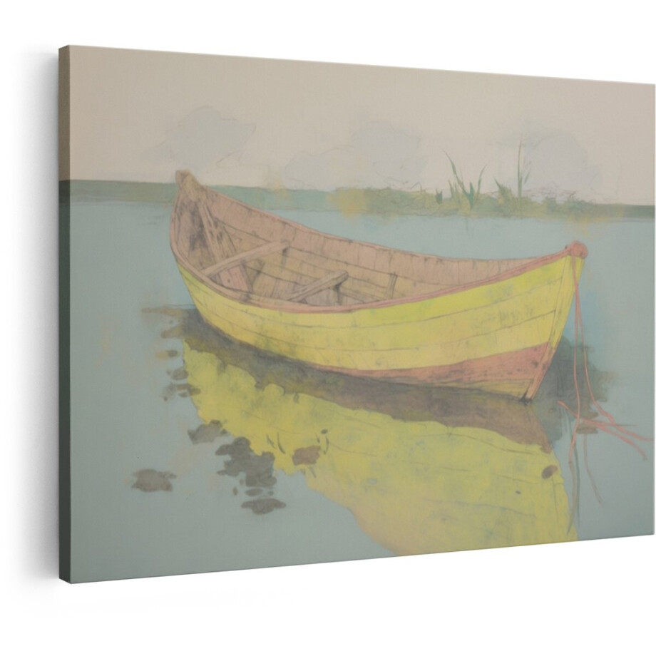 Artaza Canvas Schilderij Roeiboot - 60x40 cm - Wanddecoratie Landschap - Muurdecoratie Natuur - Schilderijen Op Canvas Water - Geel afbeelding 1