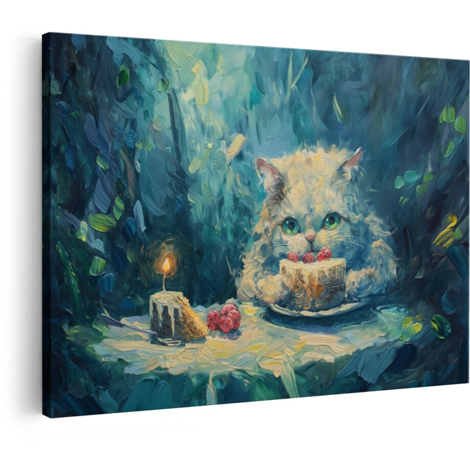 Artaza Canvas Schilderij Schilderij van een Schattige Pluizige Kat Die een Verjaardagstaart Eet met Frambozen - 60x40 cm - Wanddecoratie Woonkamer - Schilderijen - Muurdecoratie afbeelding 1