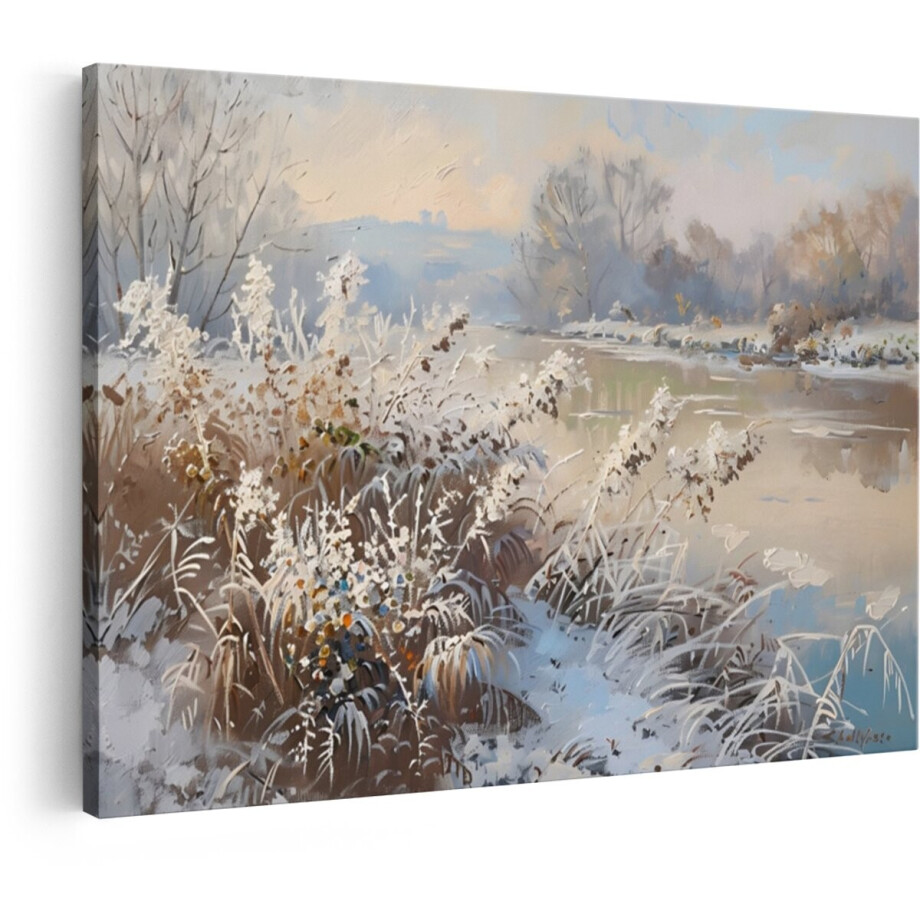 Artaza Canvas Schilderij Schilderij van een Bevroren Rivieroever met Rijp op de Planten - 120x80 cm - Groot - Wanddecoratie Woonkamer - Schilderijen - Muurdecoratie afbeelding 1