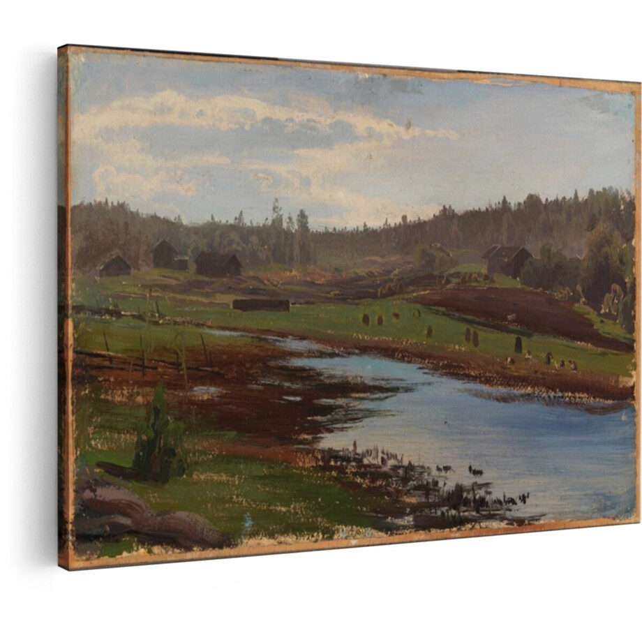 Artaza Canvas Schilderij Schilderij van een Rustig Landschap met een Rivier en Boerderijen in de Verte - 120x80 cm - Groot - Wanddecoratie Woonkamer - Schilderijen - Muurdecoratie afbeelding 1