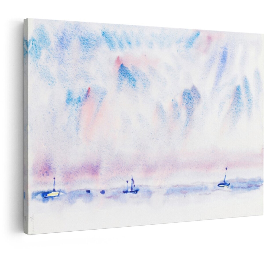 Artaza Canvas Schilderij Zee - 60x40 cm - Wanddecoratie Zeilboten - Muurdecoratie Zonsondergang Aquarel - Decoratie Landschap Pastel afbeelding 1