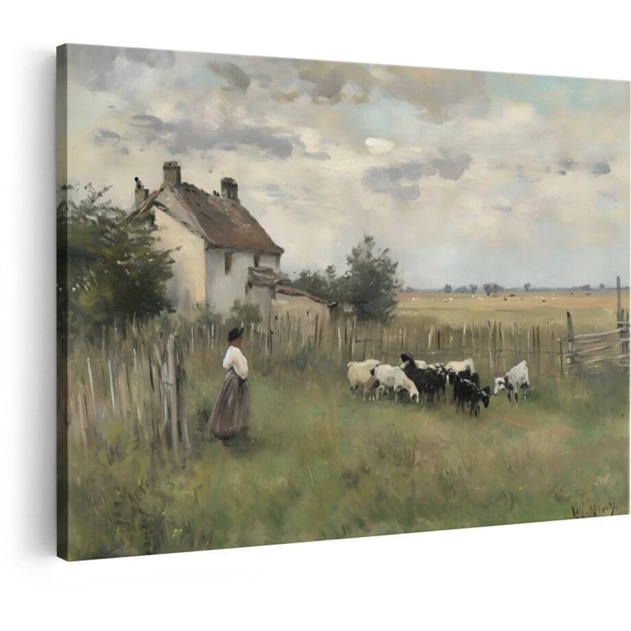 Artaza Canvas Schilderij Vrouw met Schapen bij een Boerderij in een Landelijk Landschap onder een Bewolkte Hemel - 30x20 cm - Klein - Wanddecoratie Woonkamer - Schilderijen - Muurdecoratie afbeelding 1