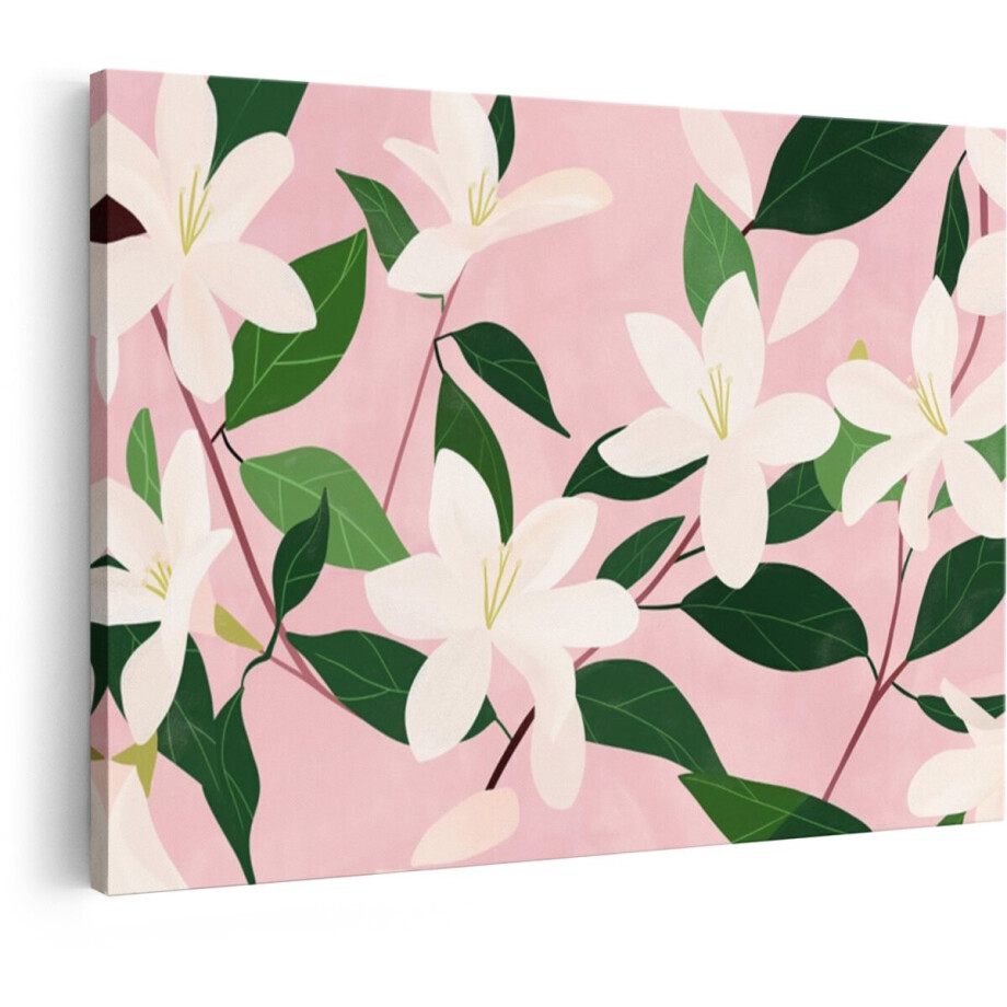 Artaza Canvas Schilderij Tere Witte Jasmijnbloemen met Groene Bladeren op een Zachtroze Achtergrond - 60x40 cm - Wanddecoratie Woonkamer - Schilderijen - Muurdecoratie afbeelding 1