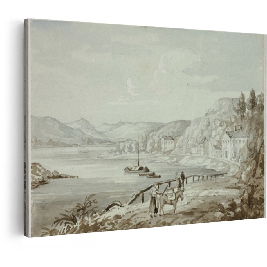 Artaza Canvas Schilderij Oude Aquarel van een Kustlandschap met Huizen - Boten en een Ezel - 90x60 cm - Wanddecoratie Woonkamer - Schilderijen - Muurdecoratie afbeelding 1