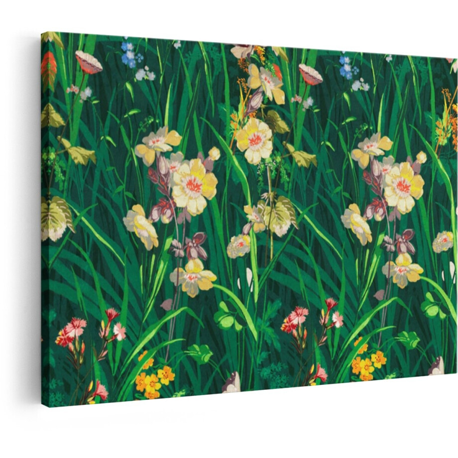 Artaza Canvas Schilderij Levendige Bloemen en Weelderig Groen Gras in een Gedetailleerd Patroon - 90x60 cm - Wanddecoratie Woonkamer - Schilderijen - Muurdecoratie afbeelding 1