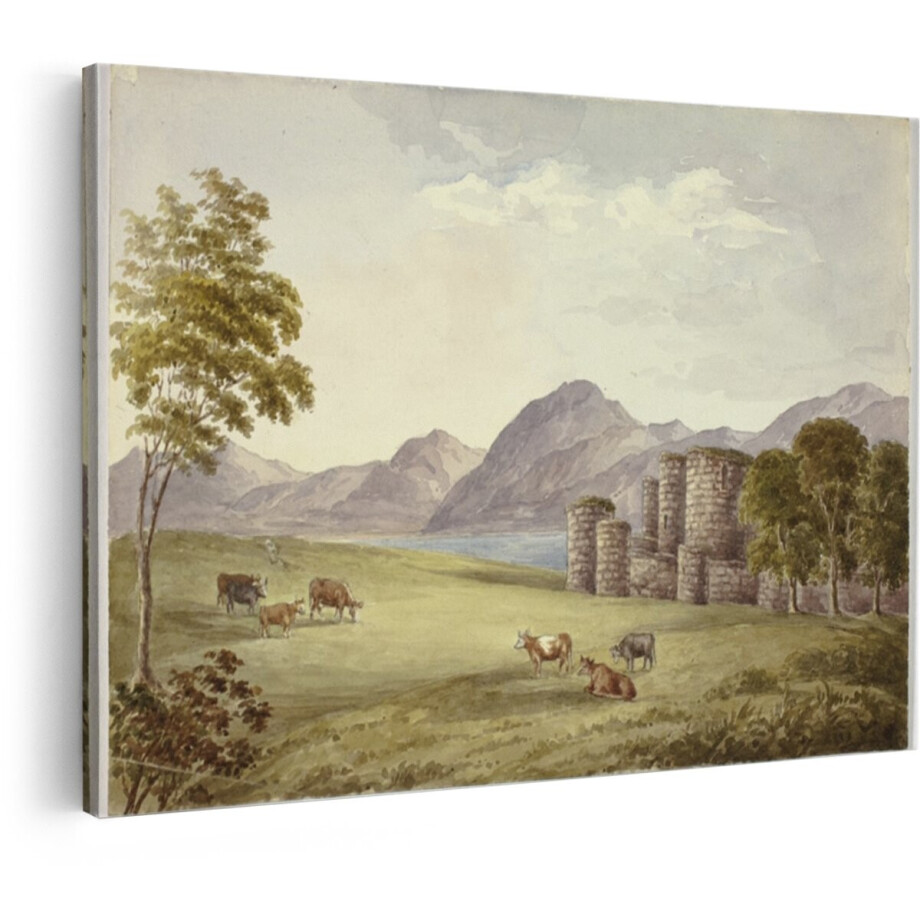 Artaza Canvas Schilderij Waterverf Schilderij van Ruïnes van een Kasteel met Koeien in een Landschap - 90x60 cm - Wanddecoratie Woonkamer - Schilderijen - Muurdecoratie afbeelding 1