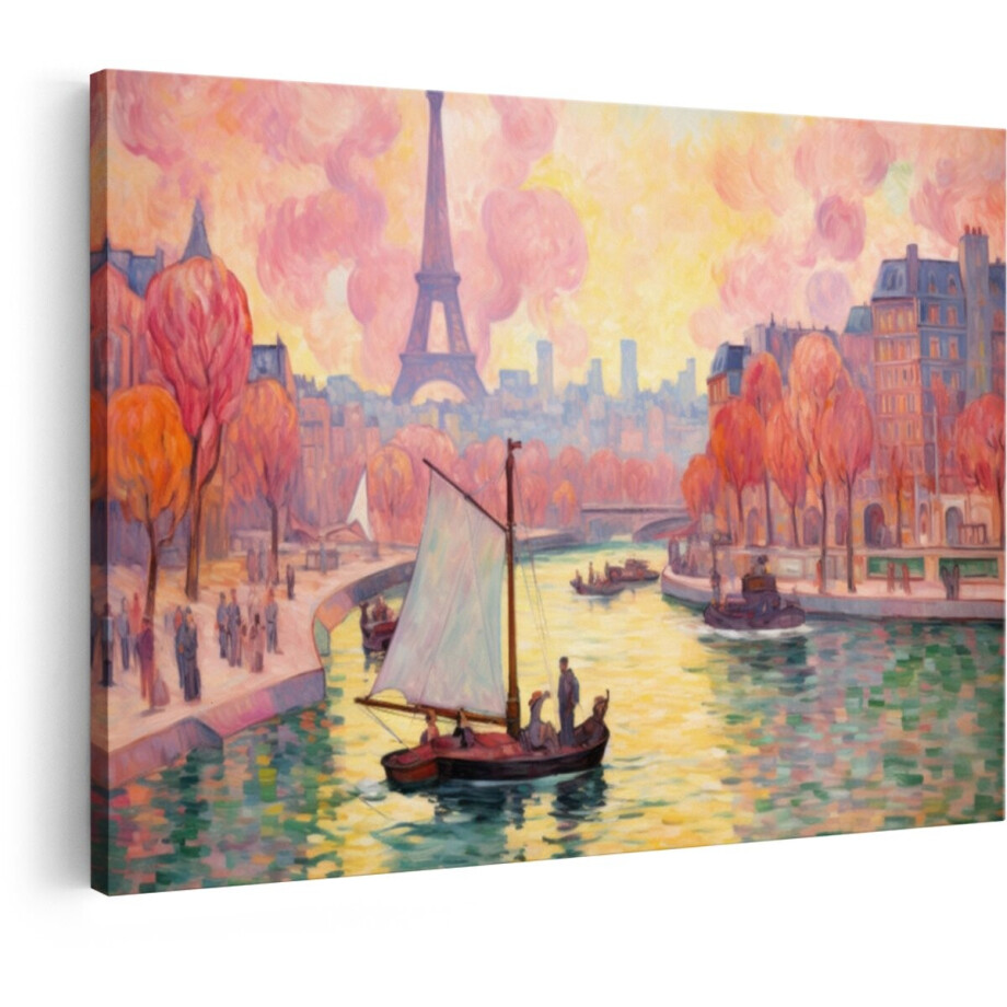 Artaza Canvas Schilderij Impressionistische Schilderij van de Seine in Parijs met de Eiffeltoren en Boten - 90x60 cm - Wanddecoratie Woonkamer - Schilderijen - Muurdecoratie afbeelding 1