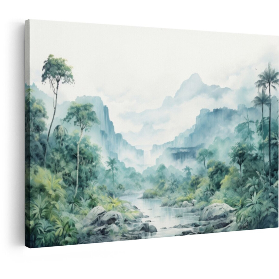 Artaza Canvas Schilderij Mistig Junglelandschap met een Rivier Die door Weelderige Groene Vegetatie Stroomt - 90x60 cm - Wanddecoratie Woonkamer - Schilderijen - Muurdecoratie Artaza Canvas Schilderij Mistig Junglelandschap met een Rivier Die door Weelderige Groene Vegetatie Stroomt - 90x60 cm - Wanddecoratie Woonkamer - Schilderijen - Muurdecoratie afbeelding 1