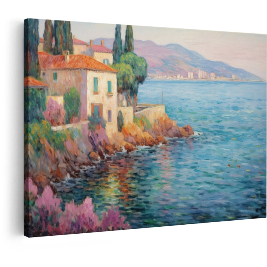Artaza Canvas Schilderij Mediterraan Kustdorp - 90x60 cm - Wanddecoratie Zee - Muurdecoratie Landschap - Decoratie Bergen - Schilderijen Op Canvas afbeelding 1