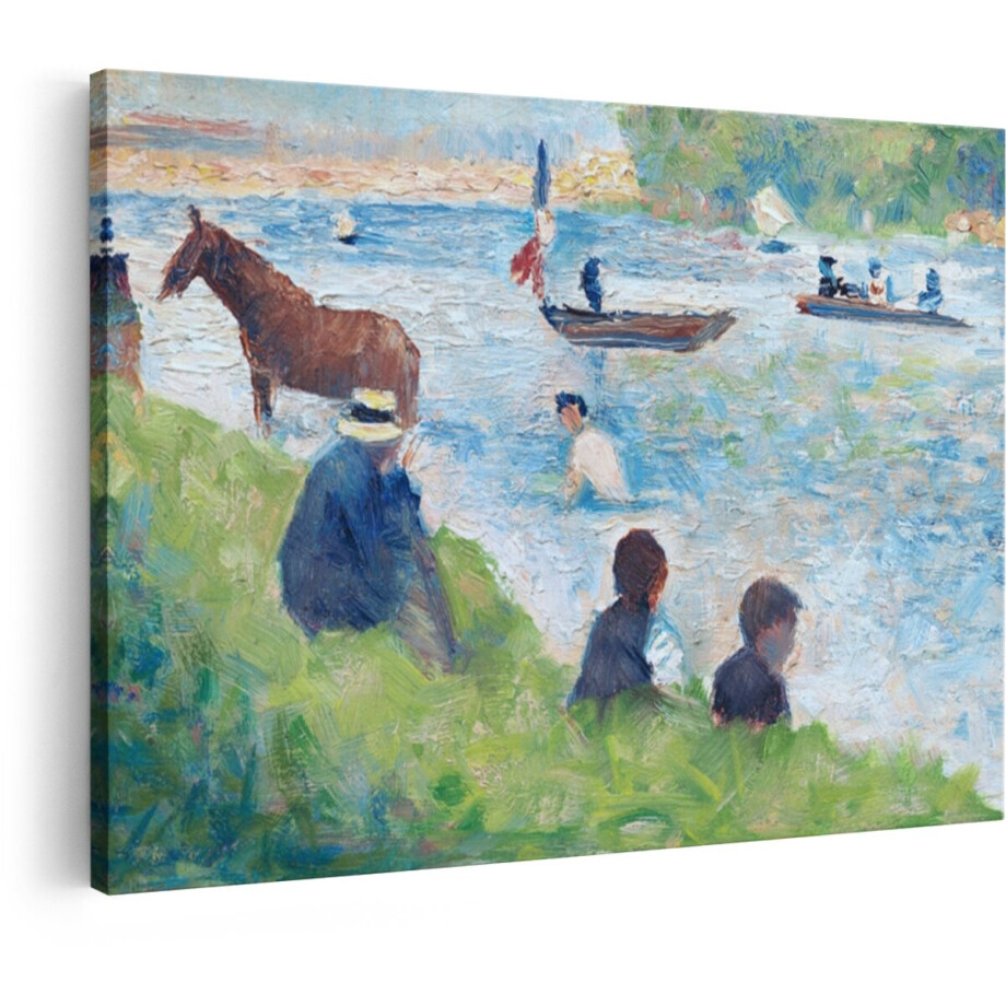 Artaza Canvas Schilderij Impressionistische Schildering van Mensen en Paard bij een Rivier op een Zonnige Dag - 120x80 cm - Groot - Wanddecoratie Woonkamer - Schilderijen - Muurdecoratie afbeelding 1