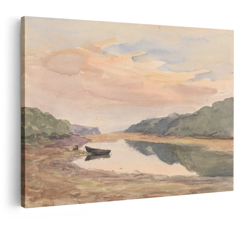 Artaza Canvas Schilderij Rustige Wateren met een Bootje aan de Oever bij Zonsondergang - 90x60 cm - Wanddecoratie Woonkamer - Schilderijen - Muurdecoratie afbeelding 1