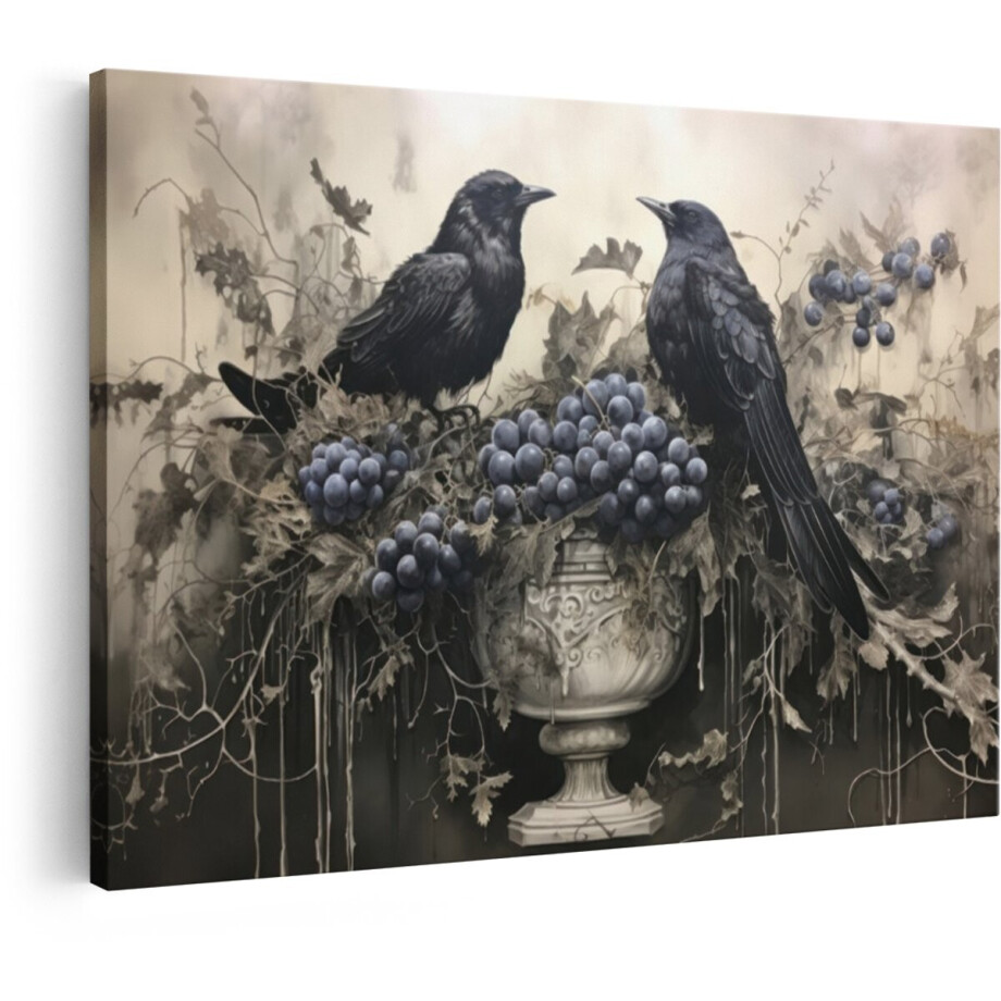 Artaza Canvas Schilderij Twee Kraaien Zitten op een Vaas met Druiven en Bladeren - 90x60 cm - Wanddecoratie Woonkamer - Schilderijen - Muurdecoratie afbeelding 1