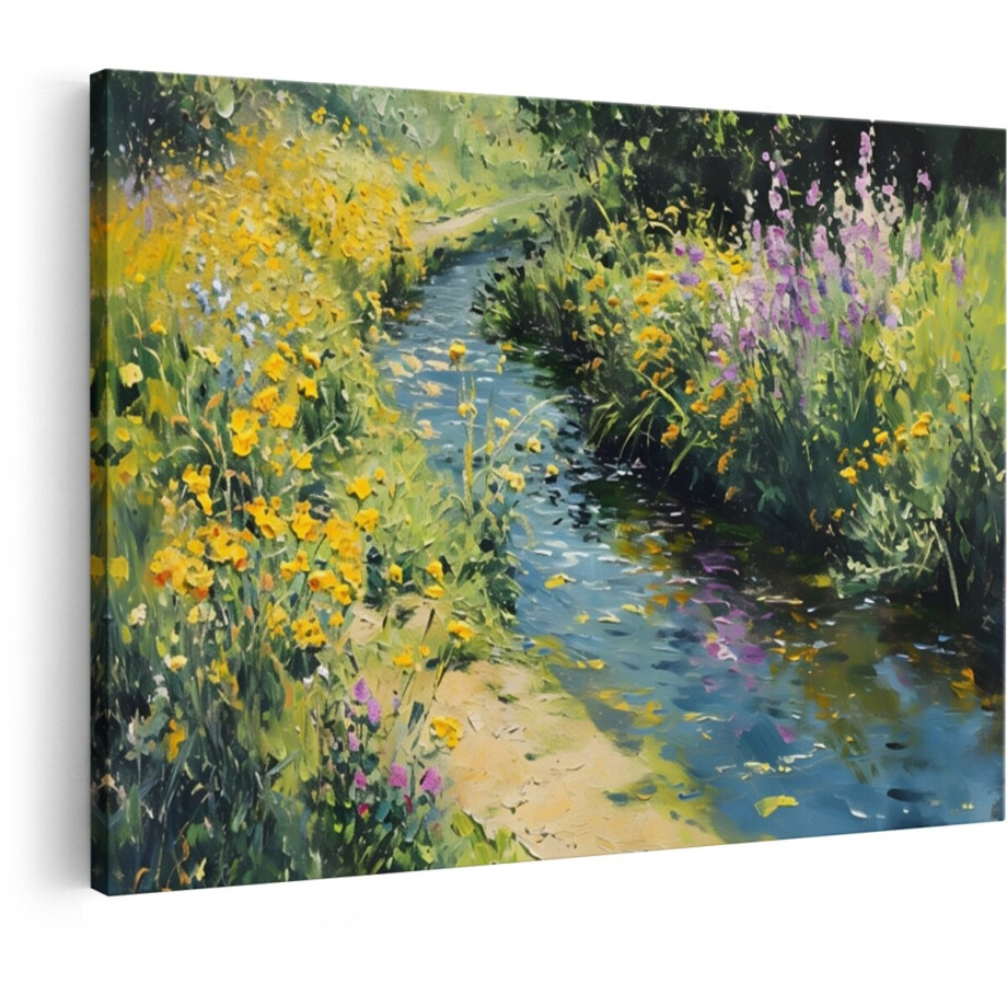 Artaza Canvas Schilderij Schilderachtige Beek Omringd door Bloeiende Gele en Paarse Bloemen in de Zomer - 120x80 cm - Groot - Wanddecoratie Woonkamer - Schilderijen - Muurdecoratie afbeelding 1