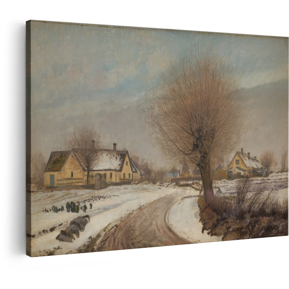 Artaza Canvas Schilderij Schilderij van een Besneeuwd Landschap met Huizen en een Weg - 90x60 cm - Wanddecoratie Woonkamer - Schilderijen - Muurdecoratie afbeelding 1