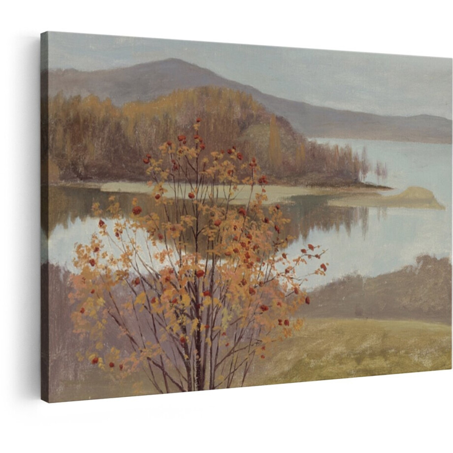Artaza Canvas Schilderij Schilderij van een Herfstlandschap met een meer en Bessenstruik op de Voorgrond - 90x60 cm - Wanddecoratie Woonkamer - Schilderijen - Muurdecoratie afbeelding 1
