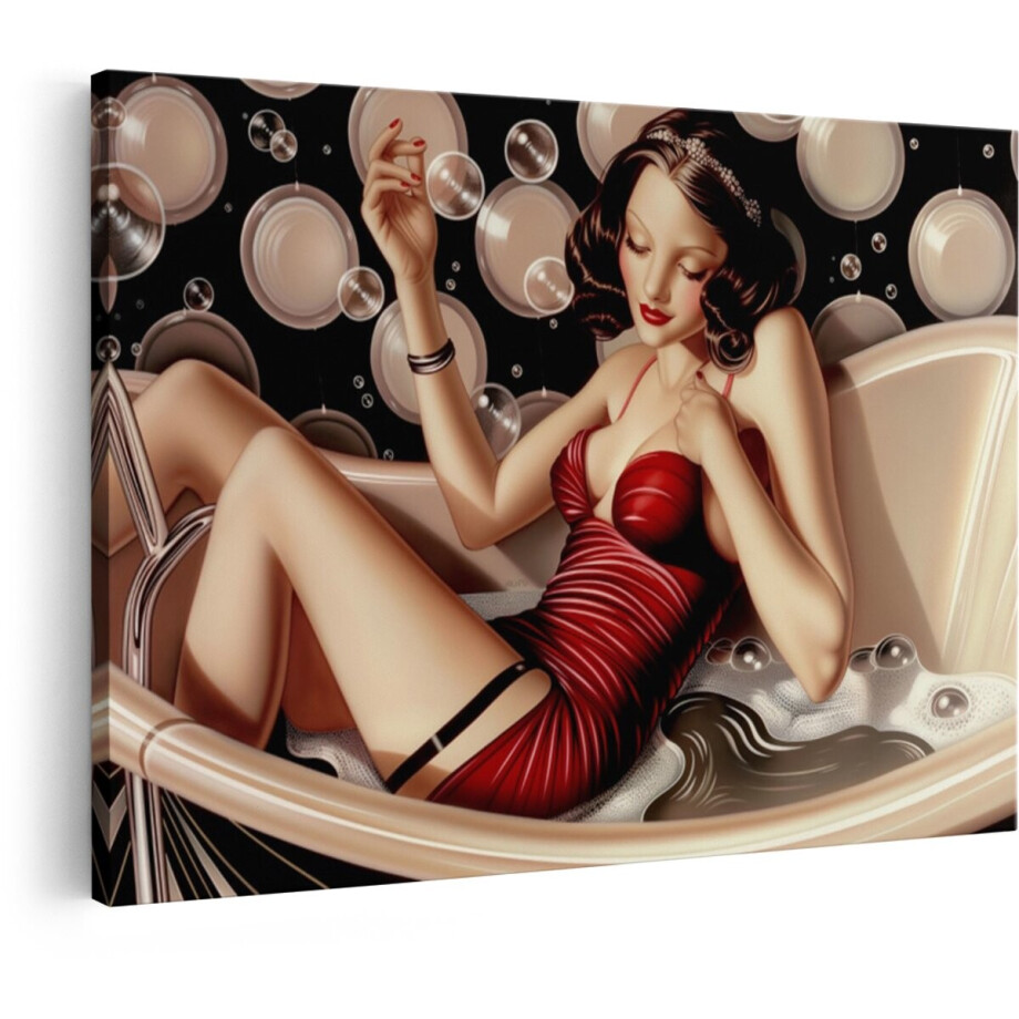 Artaza Canvas Schilderij Glamoureuze Vrouw in Rode Jurk Neemt een Bubbelbad met Retro-Stijl - 60x40 cm - Wanddecoratie Woonkamer - Schilderijen - Muurdecoratie afbeelding 1