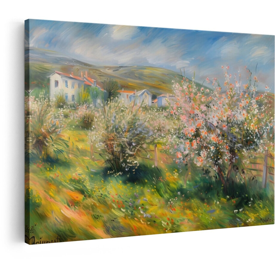 Artaza Canvas Schilderij Impressionistische Schilderij van een Landschap met Bloeiende Bomen en Huizen - 60x40 cm - Wanddecoratie Woonkamer - Schilderijen - Muurdecoratie afbeelding 1