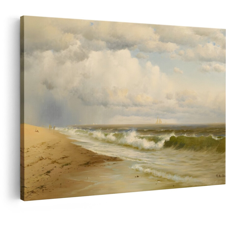Artaza Canvas Schilderij Schilderij van een Strand met Golven en Zeilboten onder een Dramatische Hemel - 30x20 cm - Klein - Wanddecoratie Woonkamer - Schilderijen - Muurdecoratie afbeelding 1