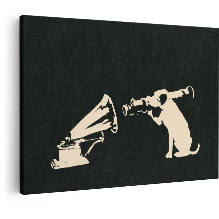 Artaza Canvas Schilderij Banksy Hond Met Grammofoon - 120x80 cm - Wanddecoratie Zwart Wit - Muurdecoratie Retro - Schilderijen Op Canvas afbeelding 1