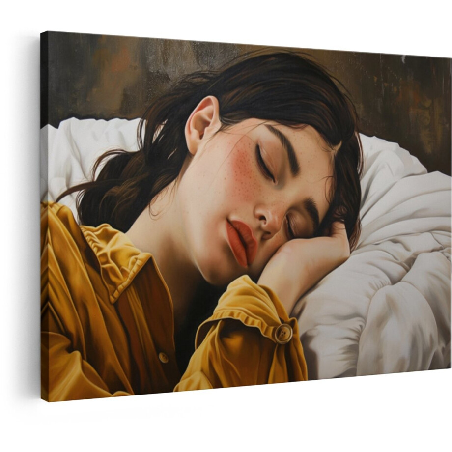 Artaza Canvas Schilderij Slaapende Jonge Vrouw met Sproeten op haar Gezicht - Rustend op een Kussen - 30x20 cm - Klein - Wanddecoratie Woonkamer - Schilderijen - Muurdecoratie afbeelding 1