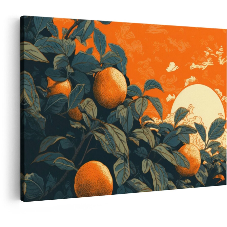 Artaza Canvas Schilderij Sinaasappels op een Tak tegen een Levendige Oranje Zonsondergang met Wolken - 30x20 cm - Klein - Wanddecoratie Woonkamer - Schilderijen - Muurdecoratie afbeelding 1