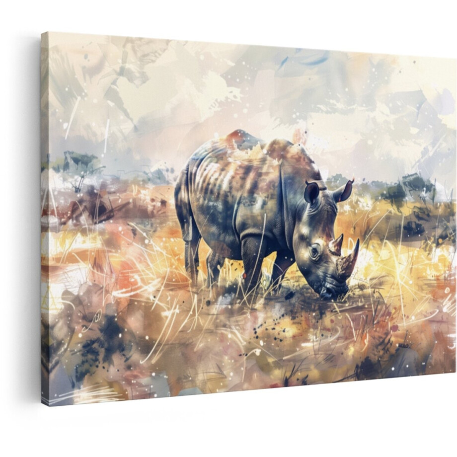 Artaza Canvas Schilderij Neushoorn - 90x60 cm - Wanddecoratie Afrikaanse Savanne - Muurdecoratie Dieren - Decoratie Abstract Aquarel afbeelding 1
