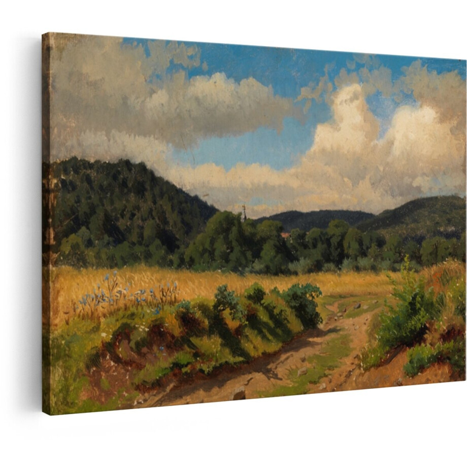 Artaza Canvas Schilderij Schilderachtig Landschap met Graanveld en Glooiende Heuvels onder een Bewolkte Hemel - 30x20 cm - Klein - Wanddecoratie Woonkamer - Schilderijen - Muurdecoratie afbeelding 1