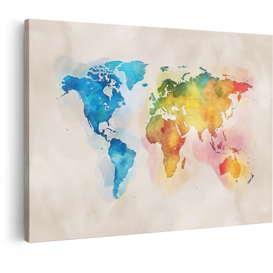 Artaza Canvas Schilderij Kleurrijke Wereldkaart in Aquarel Stijl met Abstracte Verfspatten - 30x20 cm - Klein - Wanddecoratie Woonkamer - Schilderijen - Muurdecoratie afbeelding 1