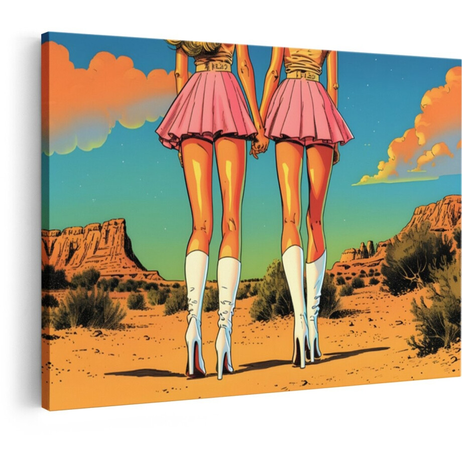 Artaza Canvas Schilderij Twee Vrouwen in Roze Rokjes en Witte Laarzen Houden Handen Vast in Woestijnlandschap - 30x20 cm - Klein - Wanddecoratie Woonkamer - Schilderijen - Muurdecoratie afbeelding 1