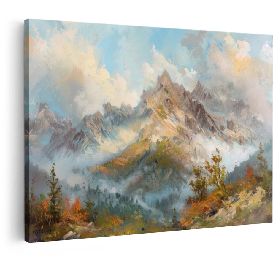 Artaza Canvas Schilderij Impressionistisch Berglandschap met Mist en Herfstkleuren in de Natuur - 90x60 cm - Wanddecoratie Woonkamer - Schilderijen - Muurdecoratie afbeelding 1