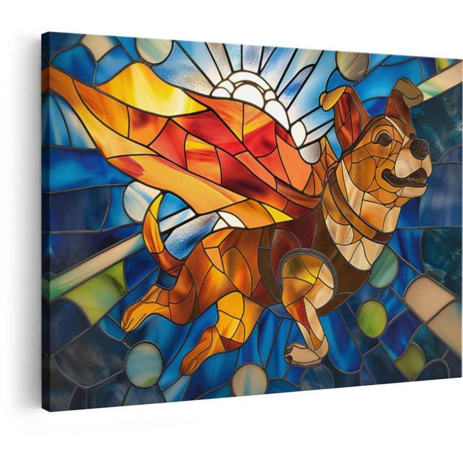 Artaza Canvas Schilderij Vliegende Hond met Cape in Glasmozaïek - Superheld Thema - 60x40 cm - Wanddecoratie Woonkamer - Schilderijen - Muurdecoratie afbeelding 1